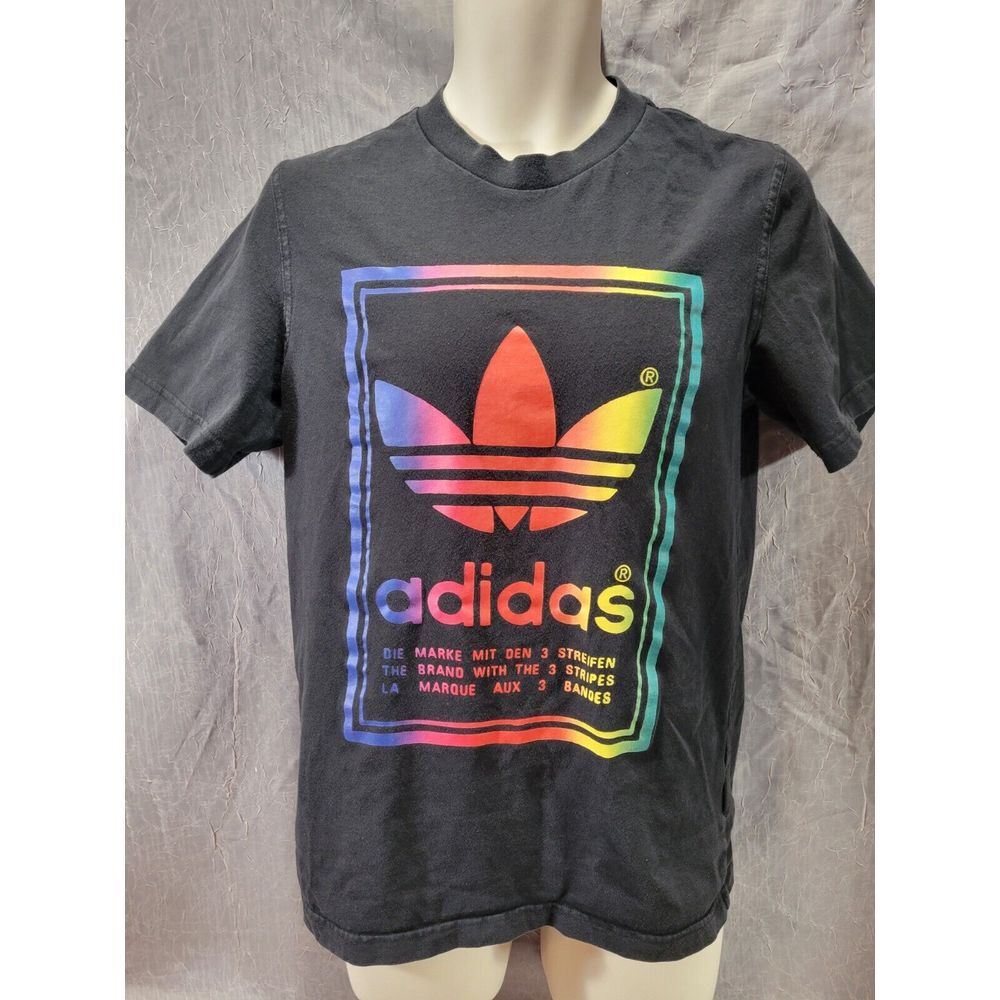 Adidas‎ T-Shirt Large Rainbow Trefoil Logo Front & Back Black Small Cotton